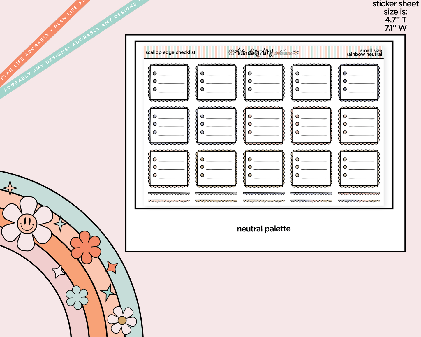 Rainbow Doodled Scalloped Edge Checklist Boxes Small Size Planner Stickers