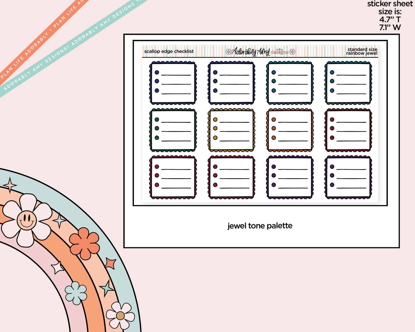 Rainbow Doodled Scalloped Edge Checklist Boxes Standard Size Planner Stickers