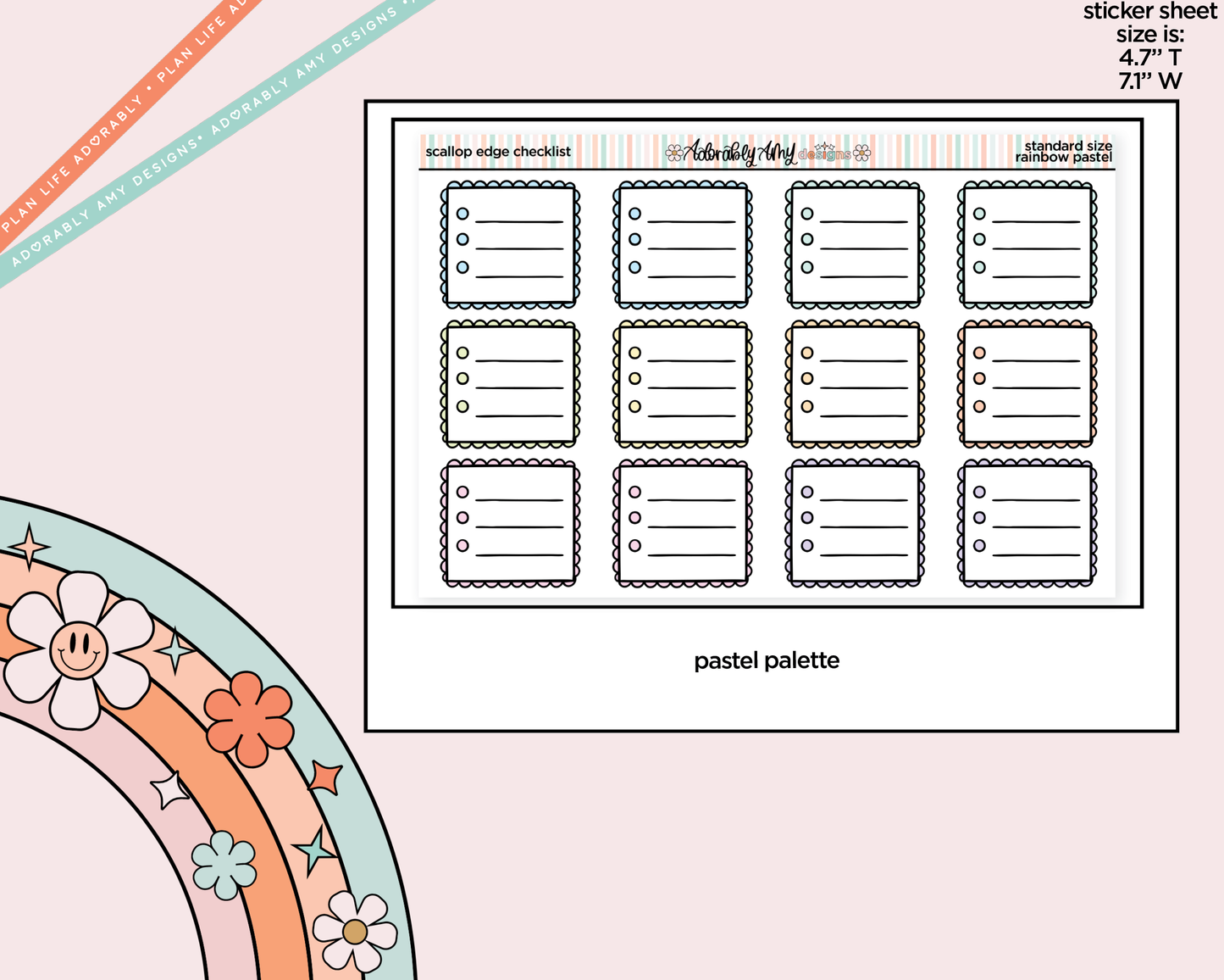 Rainbow Doodled Scalloped Edge Checklist Boxes Standard Size Planner Stickers