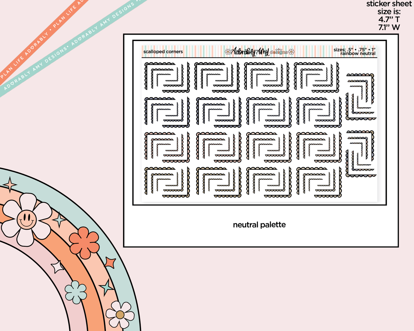 Rainbow Doodled Scallop Corners Deco Standard Size Stickers for any Planner or Insert