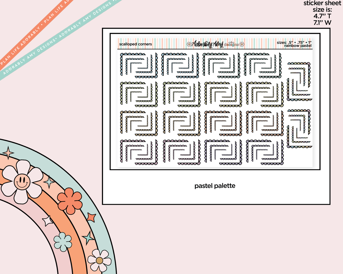 Rainbow Doodled Scallop Corners Deco Standard Size Stickers for any Planner or Insert