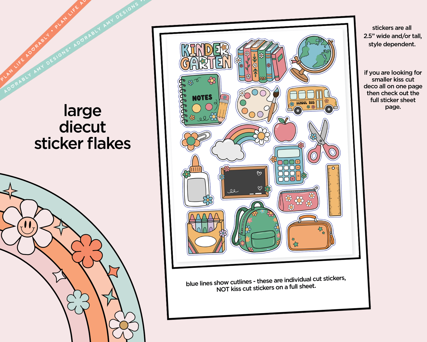 Kawaii Back to School Doodles - Grade Deco Samplers in 3 Sizes Decorative Planner Stickers