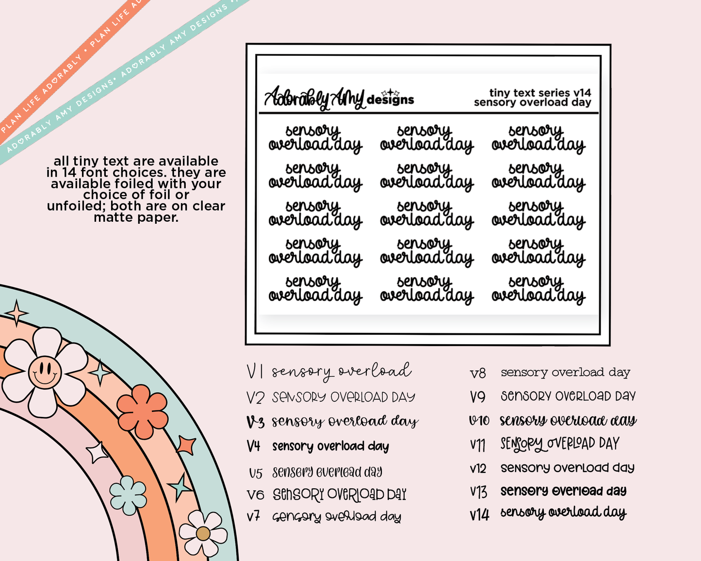 Foiled Tiny Text Series - Sensory Overload Day Checklist Size Planner Sticker Sheet - Adorably Amy Designs