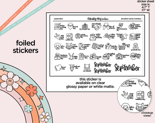 Foiled September Doodled Wacky Holidays Reminder Planner Stickers