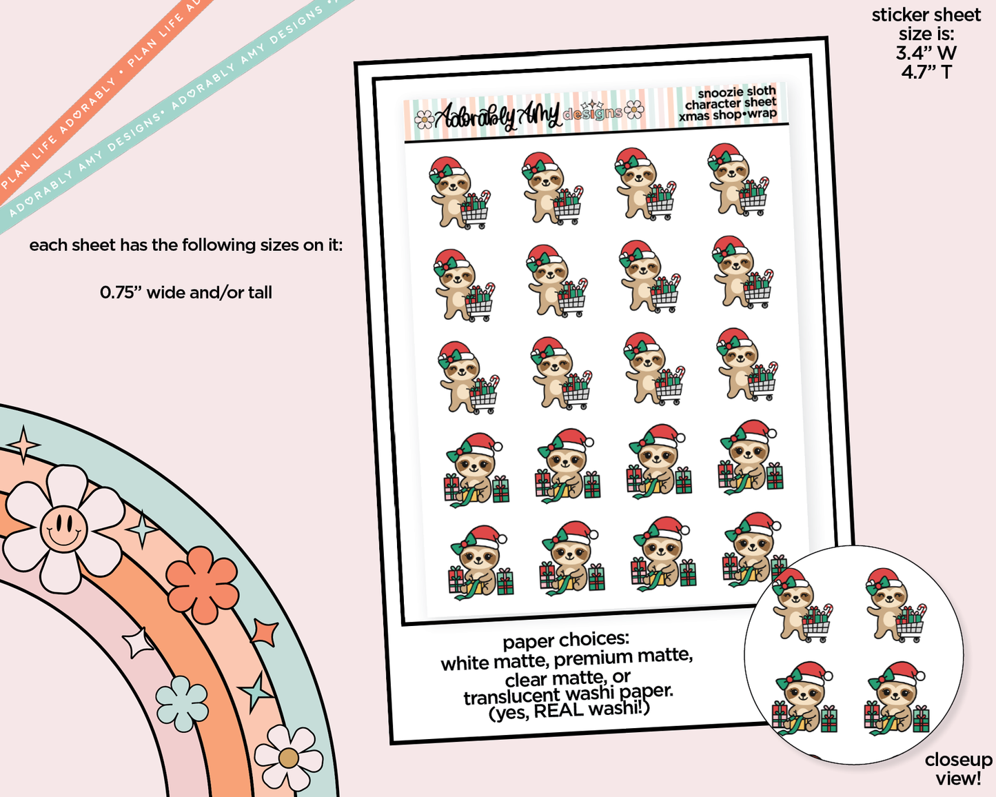 Snoozie Sloth Christmas Shop and Wrap Presents Decoration Planner Stickers for any Planner or Insert