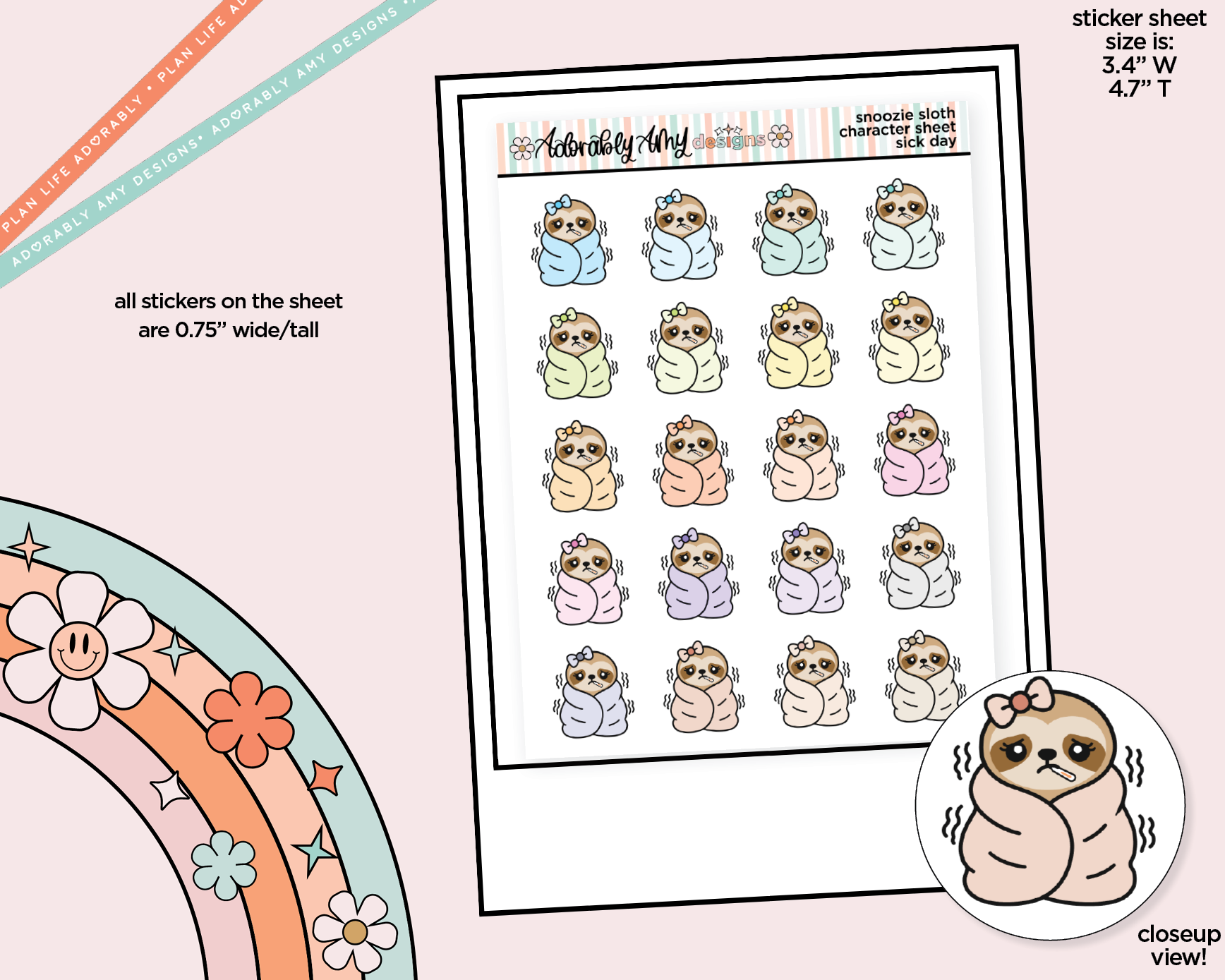 Snoozie Sloth Sick Day Decoration Character Planner Stickers - Adorably Amy Designs