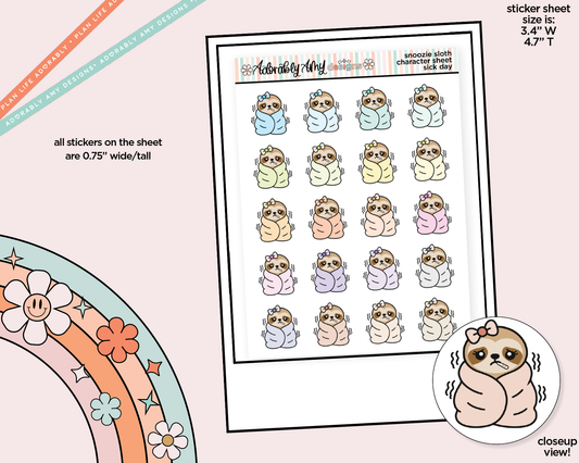 Snoozie Sloth Sick Day Decoration Character Planner Stickers - Adorably Amy Designs