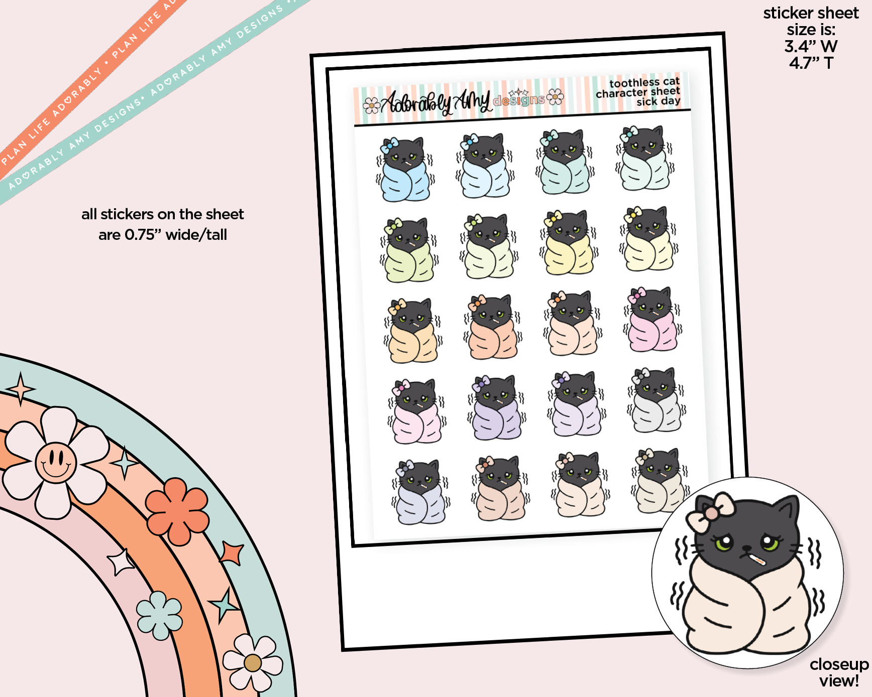 Toothless Cat Sick Day Decoration Character Planner Stickers - Adorably Amy Designs