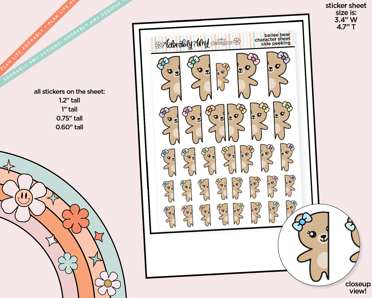 Bailee Bear Side Peeking Decoration Character Planner Stickers - Adorably Amy Designs
