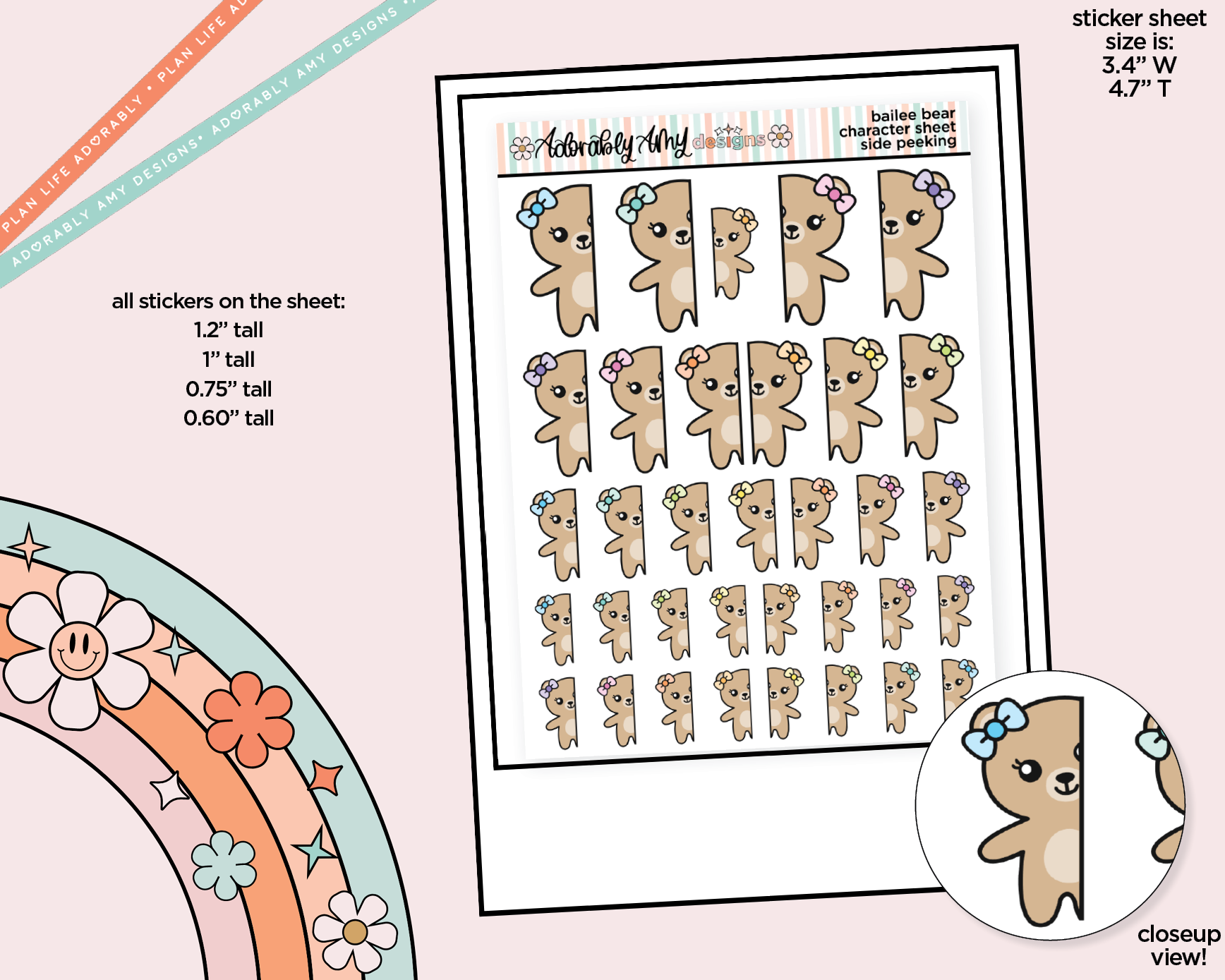 Bailee Bear Side Peeking Decoration Character Planner Stickers - Adorably Amy Designs