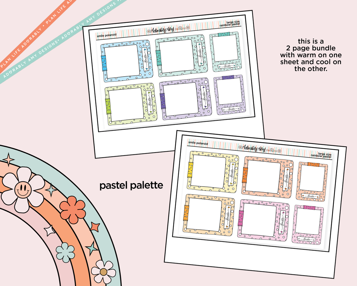 Rainbow Doodle Washi-Heart Polaroid Boxes-Frames Large/Jumbo Size Planner Stickers - Adorably Amy Designs