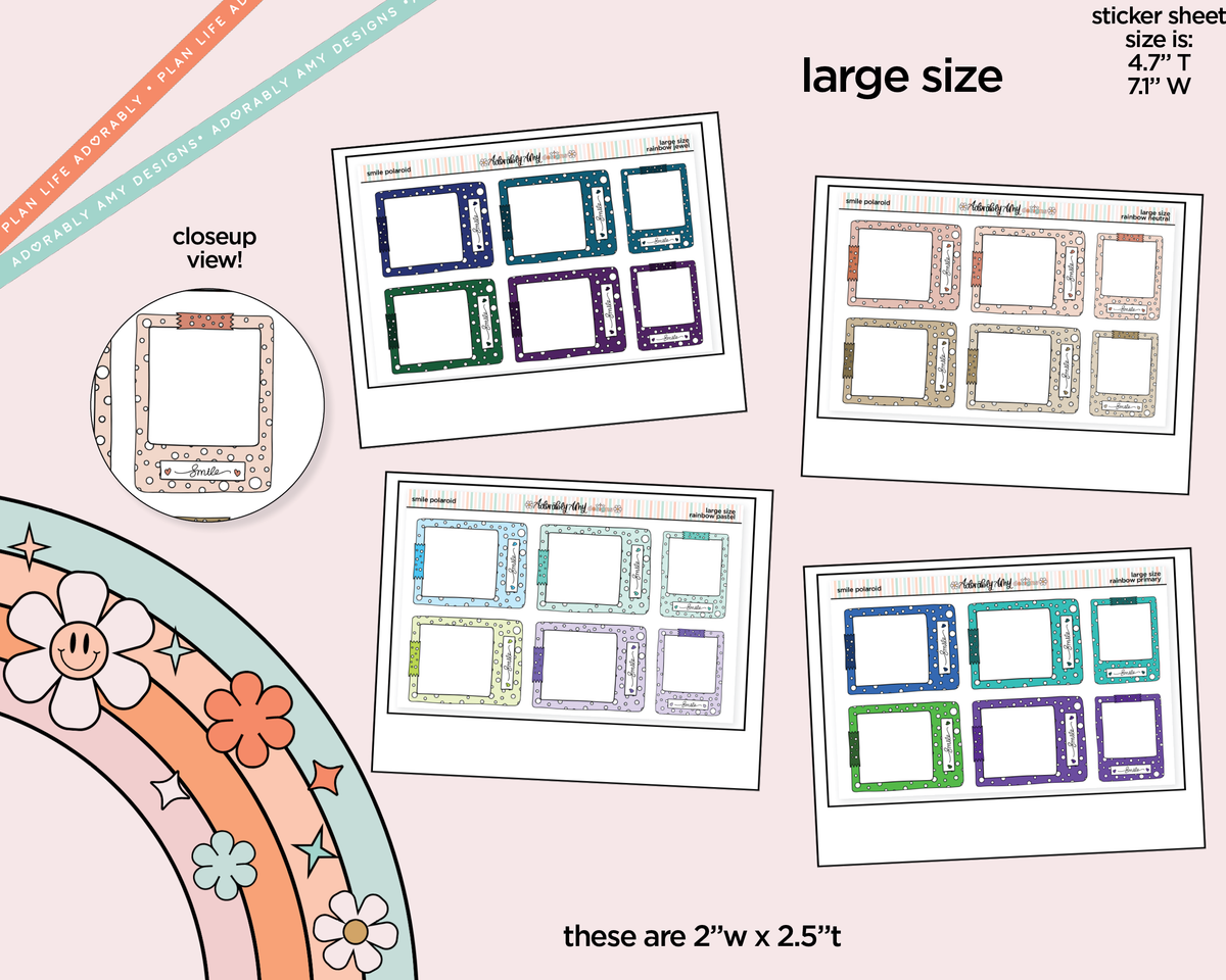 Rainbow Doodle Smile Polaroid Boxes-Frames Large/Jumbo Size Planner Stickers - Adorably Amy Designs