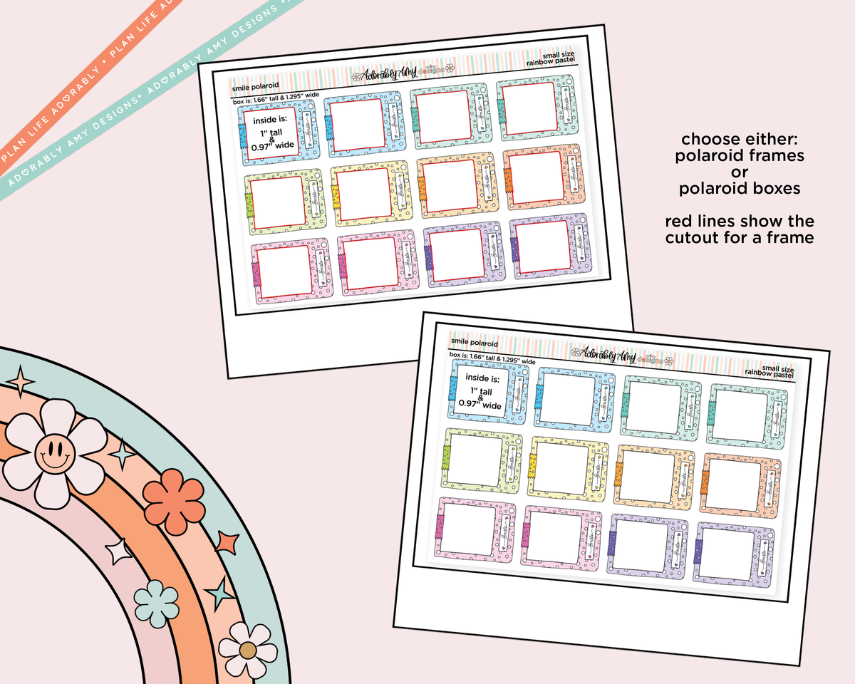 Rainbow Doodle Smile Polaroid Boxes-Frames Small Size Planner Stickers - Adorably Amy Designs