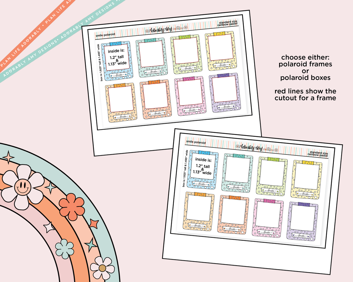 Rainbow Doodle Smile Polaroid Boxes-Frames Standard Size Planner Stickers - Adorably Amy Designs
