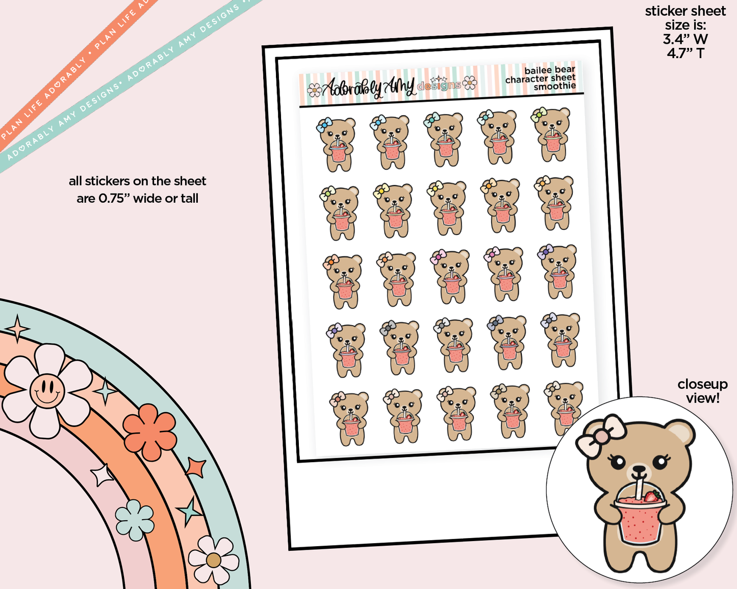 Bailee Bear Smoothie Decoration Character Planner Stickers