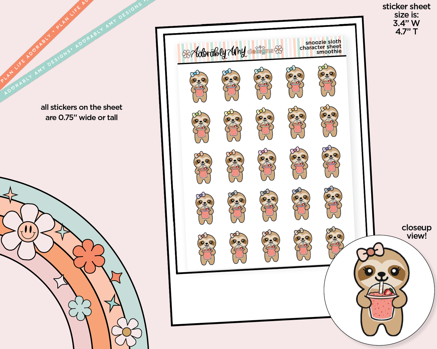 Snoozie Sloth Smoothie Decoration Character Planner Stickers
