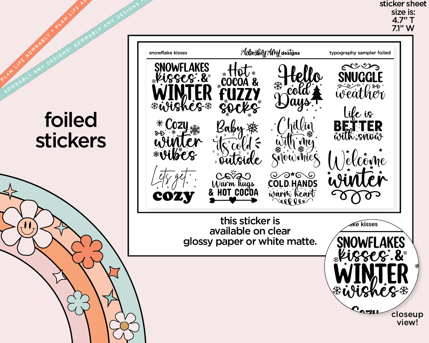 Foiled Snowflake Kisses Deco Typography Sampler Planner Stickers