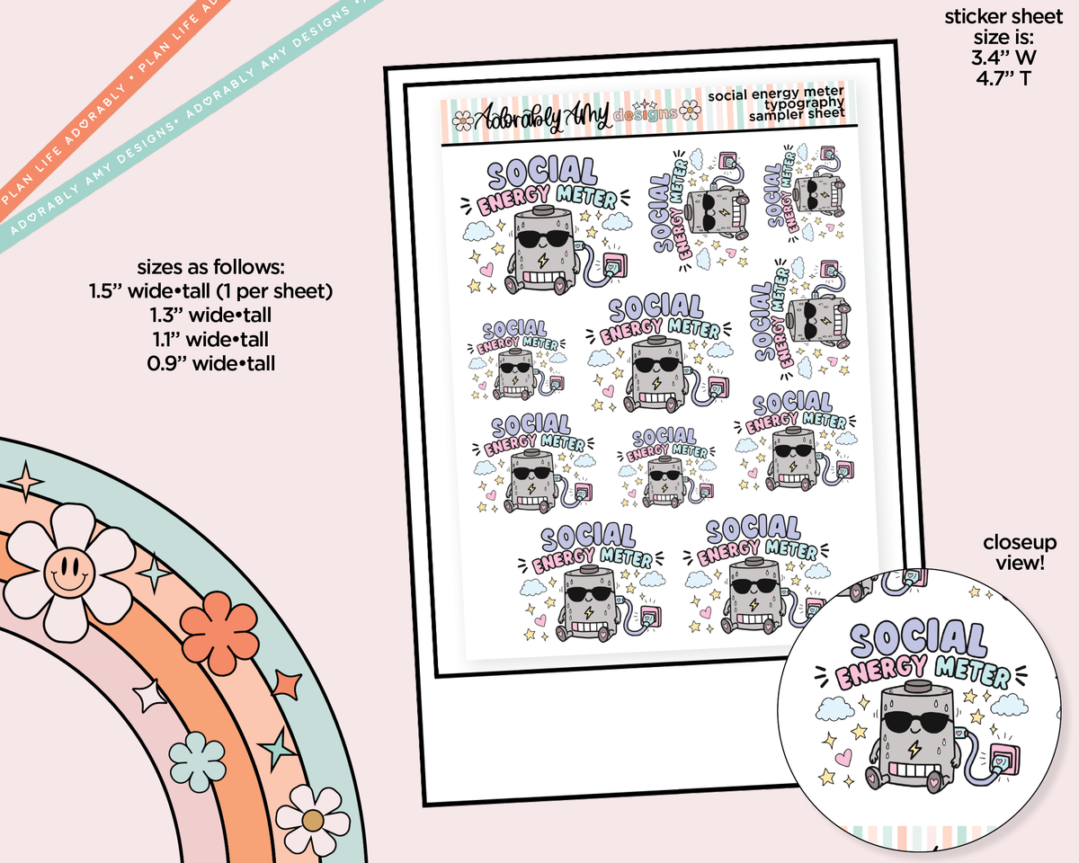 Social Energy Meter Typography Sampler Planner Stickers - Adorably Amy Designs