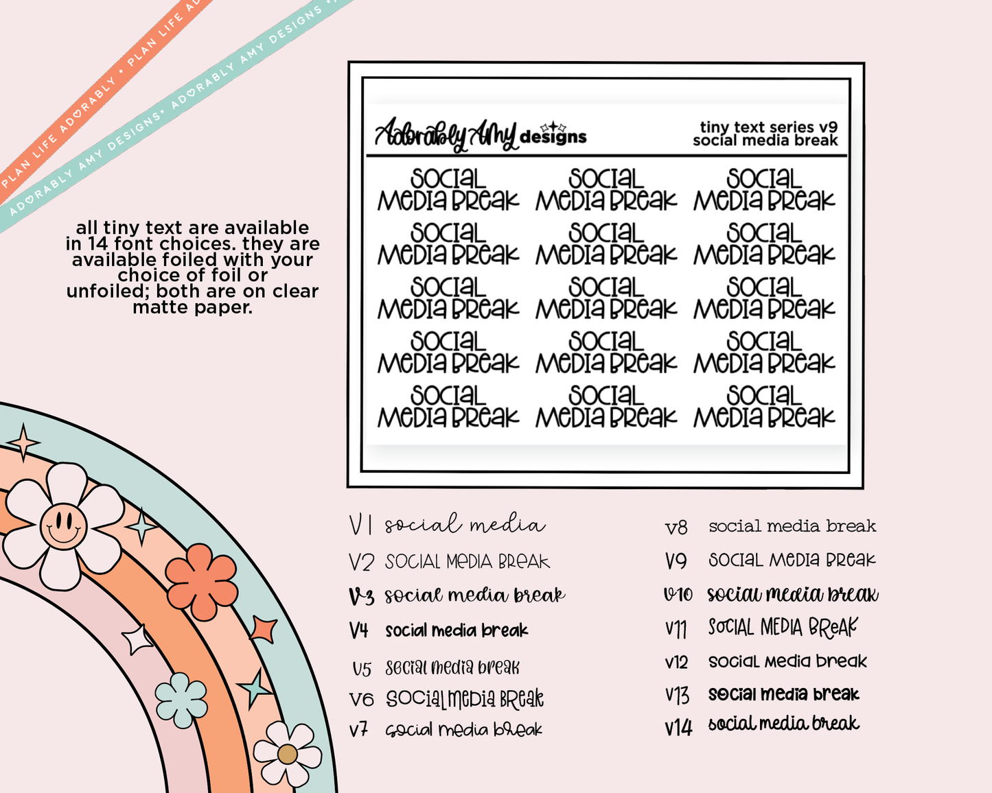 Foiled Tiny Text Series - Social Media Break Checklist Size Planner Sticker Sheet - Adorably Amy Designs