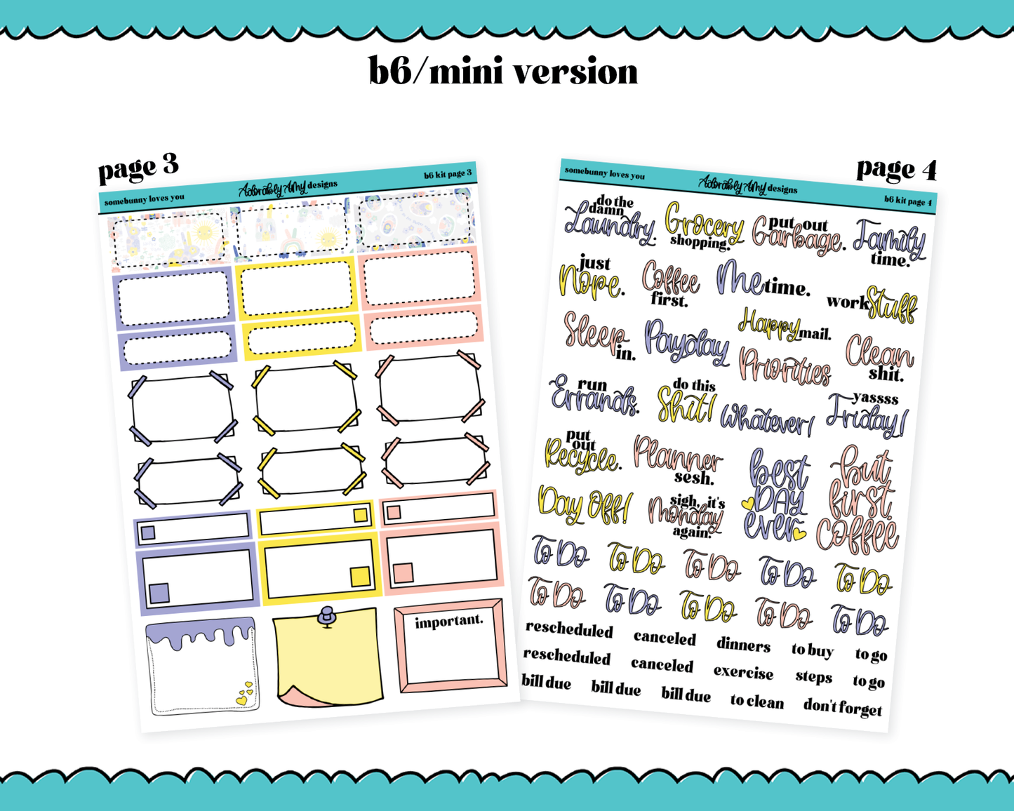 Mini B6 Somebunny Loves You Weekly Planner Sticker Kit sized for ANY Vertical Insert