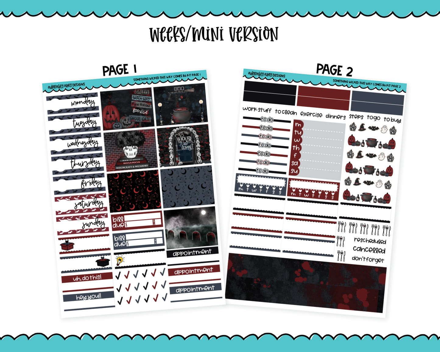 Mini B6 Something Wicked This Way Comes Spooky Halloween Themed Weekly Planner Sticker Kit sized for ANY Vertical Insert