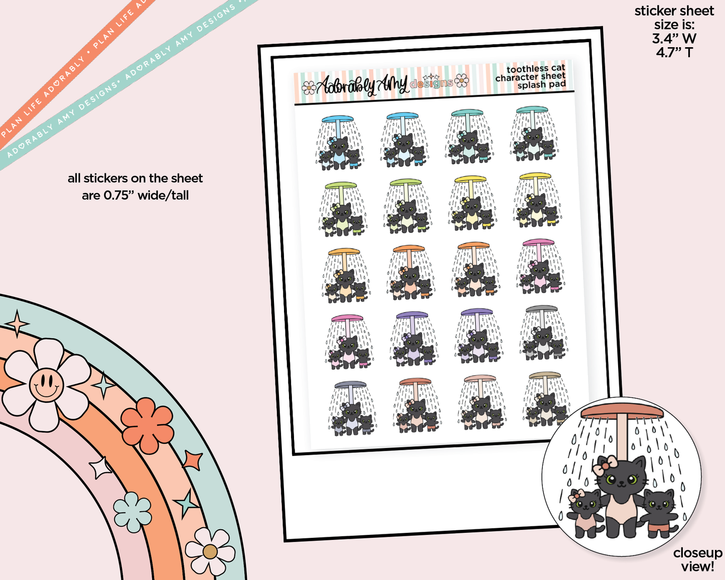 Toothless Cat Splash Pad - Water Park - Sprinkler Decoration Character Planner Stickers - Adorably Amy Designs