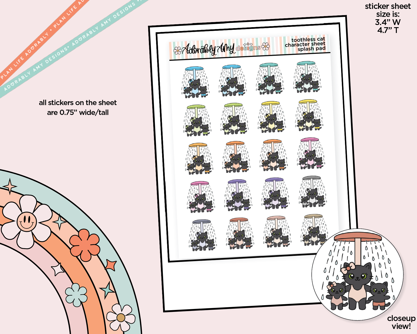Toothless Cat Splash Pad - Water Park - Sprinkler Decoration Character Planner Stickers - Adorably Amy Designs