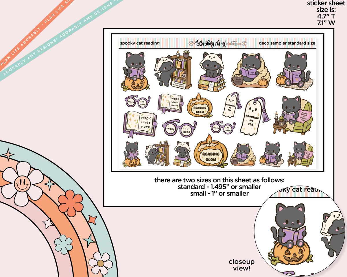 Spooky Cat Halloween Reading Deco Stickers in Multiple Sizes Decorative Planner Stickers