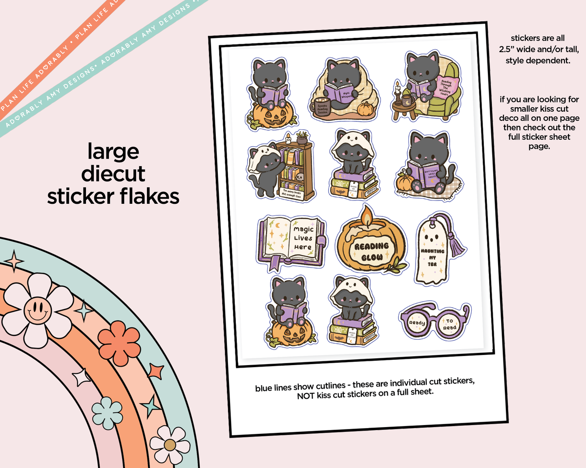 Spooky Cat Halloween Reading Deco Stickers in Multiple Sizes Decorative Planner Stickers