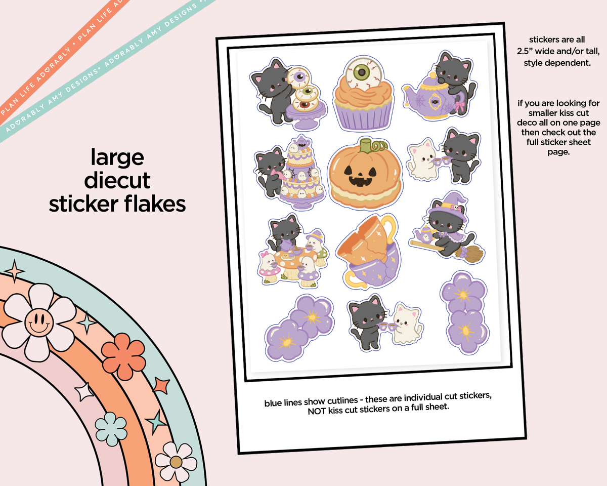 Spooky Cat Tea Party Halloween Deco Stickers in Multiple Sizes Decorative Planner Stickers