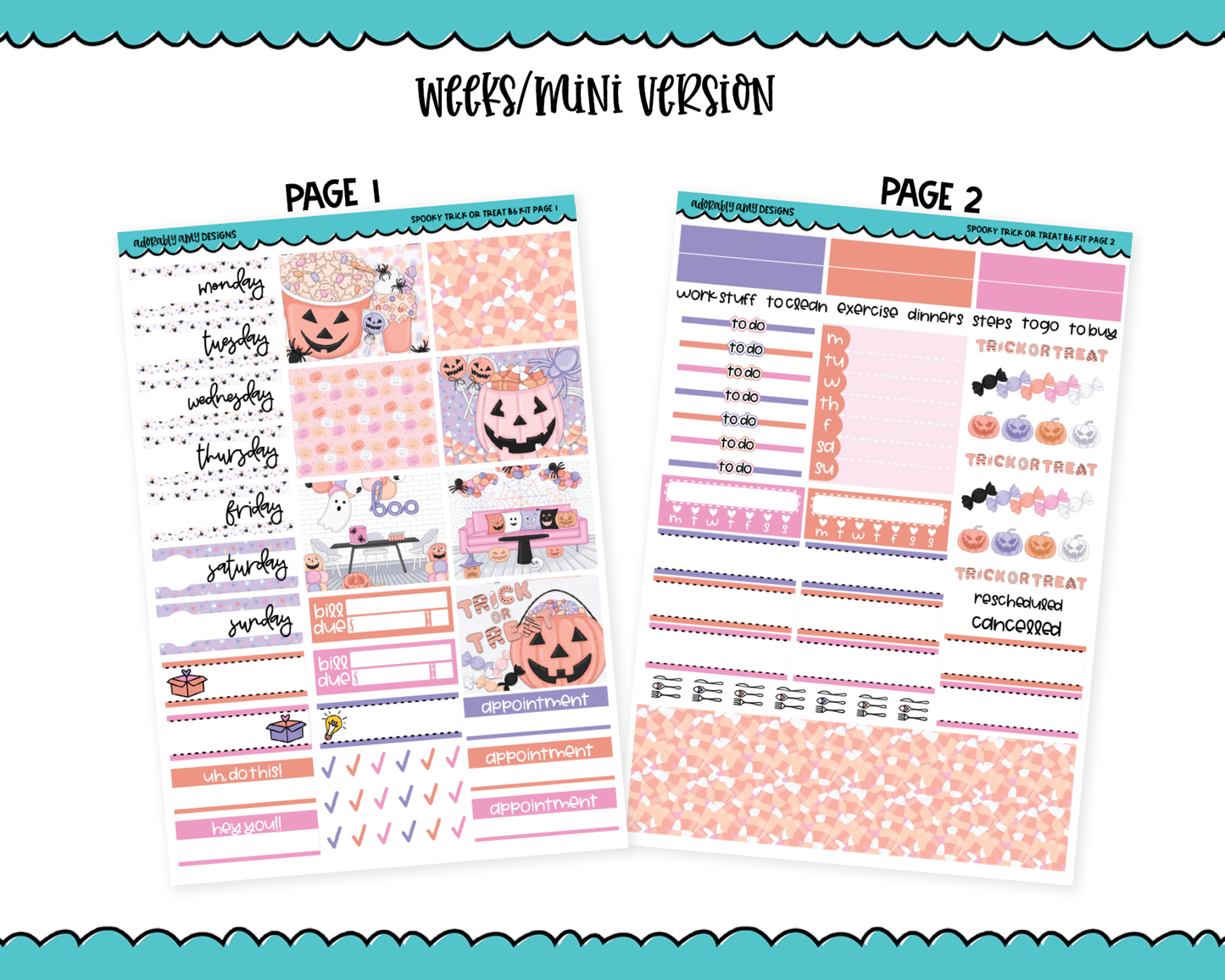 Mini B6 Spooky Trick or Treat Pastel Halloween Themed Weekly Planner Sticker Kit sized for ANY Vertical Insert