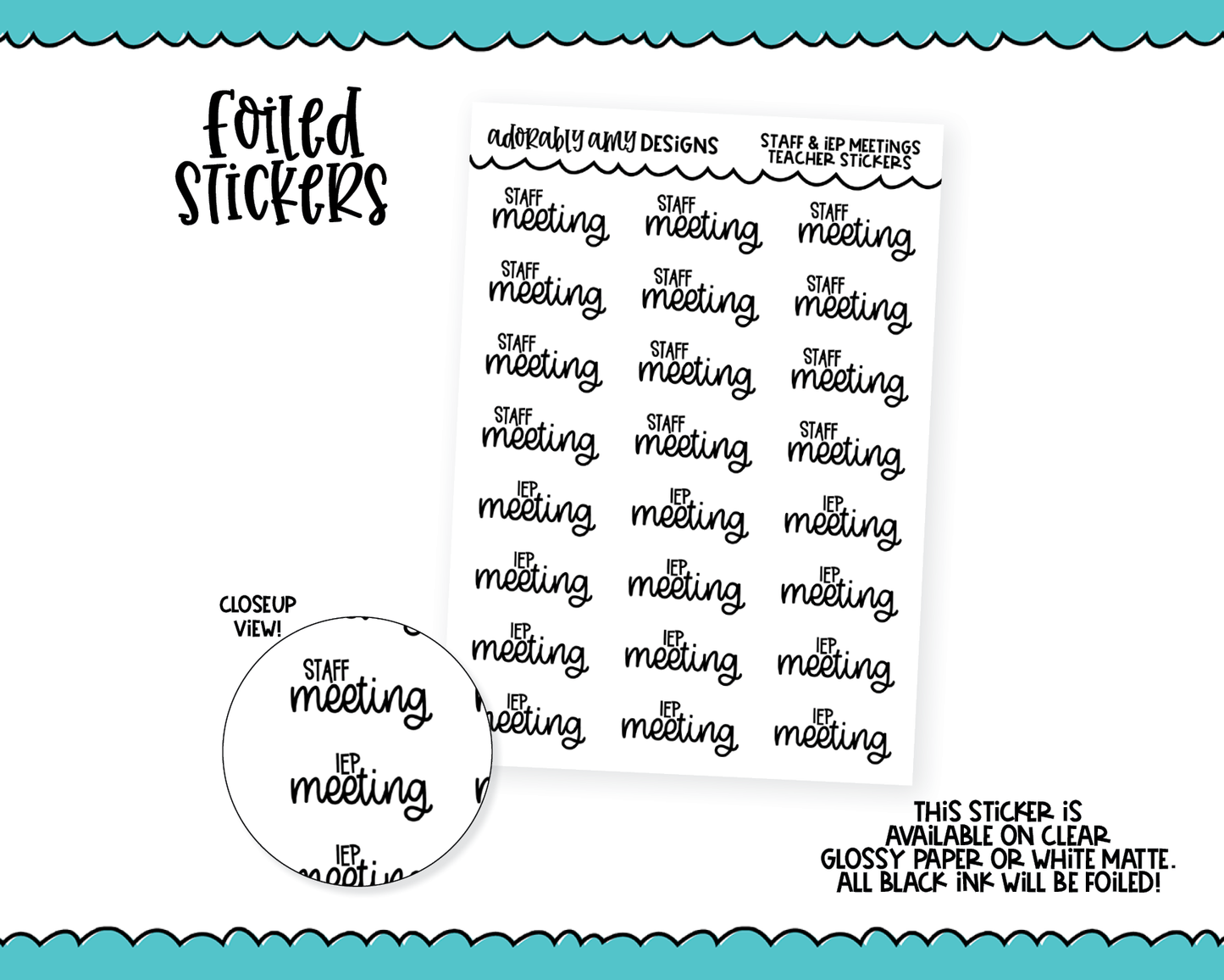 Foiled Teacher Staff Meeting and IEP Meeting V5 Reminder Typography Planner Stickers for any Planner or Insert