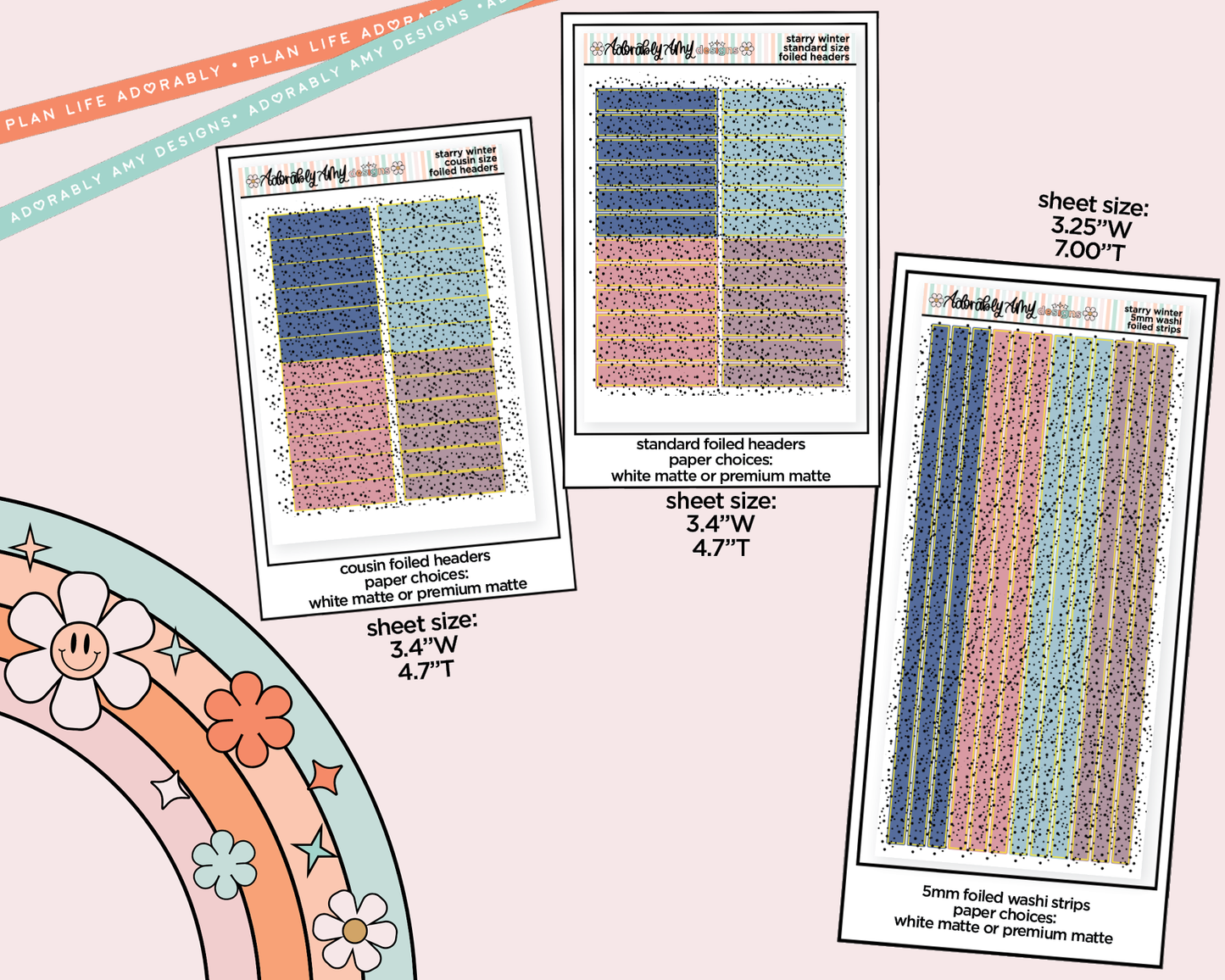 Foiled Starry Winter Headers or Long Strips Planner Stickers for any Planner or Insert