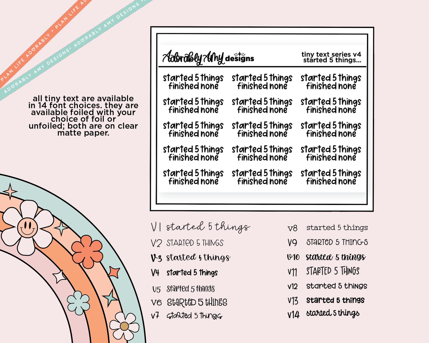 Foiled Tiny Text Series - Started 5 Things, Finished None Just Vibes Checklist Size Planner Sticker Sheet - Adorably Amy Designs