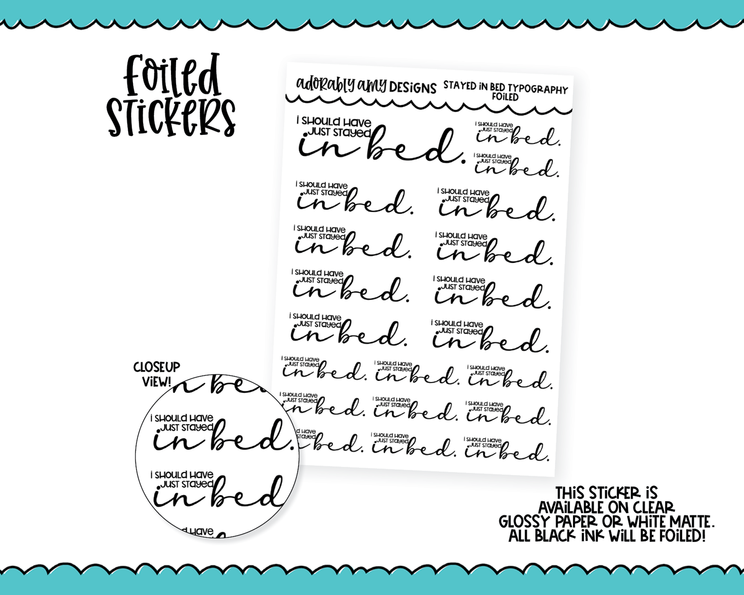 Foiled Stayed in Bed Typography Sampler Planner Stickers for any Planner or Insert