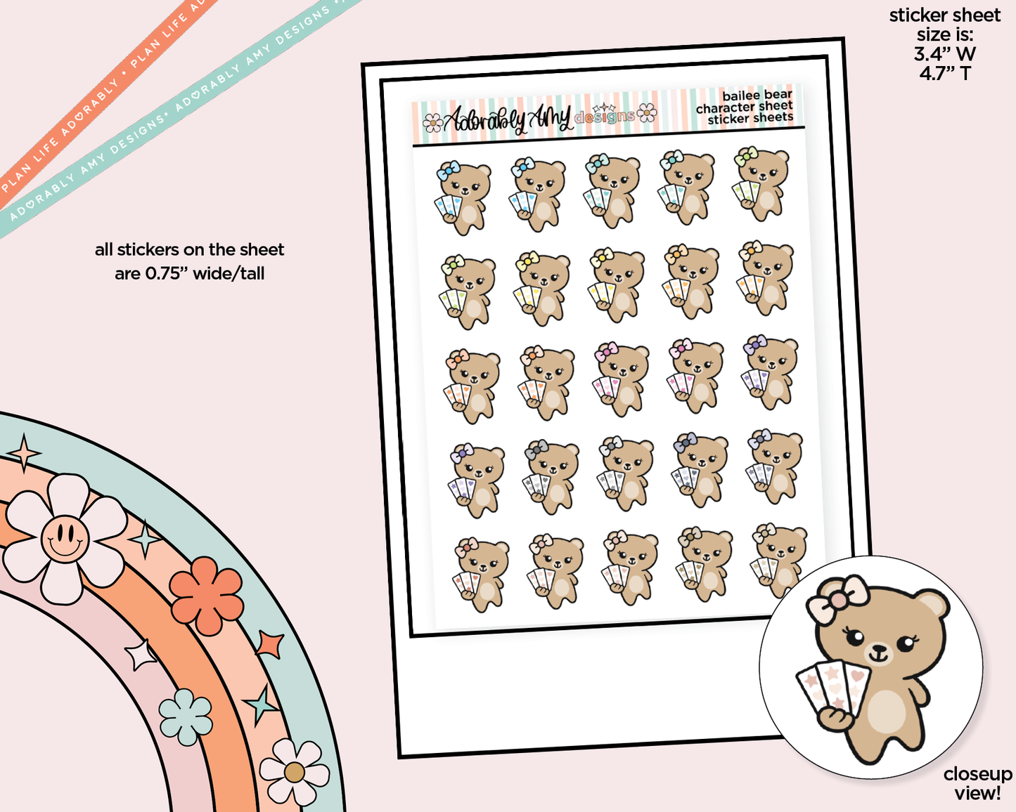 Bailee Bear Sticker Sheets Decoration Character Planner Stickers - Adorably Amy Designs