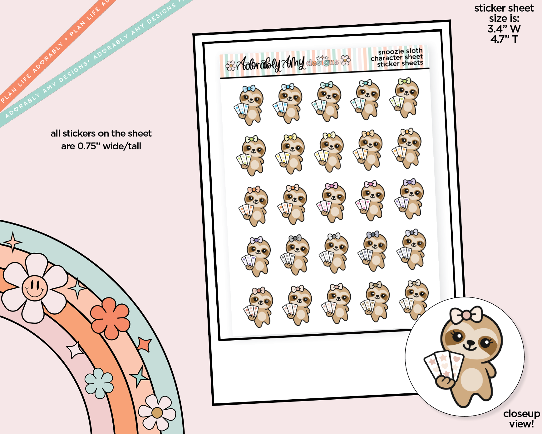 Snoozie Sloth Sticker Sheets Decoration Character Planner Stickers - Adorably Amy Designs