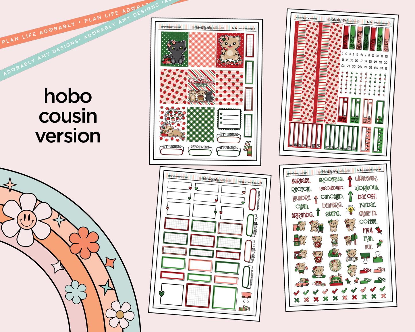 Hobonichi Cousin Weekly Strawberry Sweet Planner Sticker Kit for Hobo Cousin or Similar Planners - Adorably Amy Designs