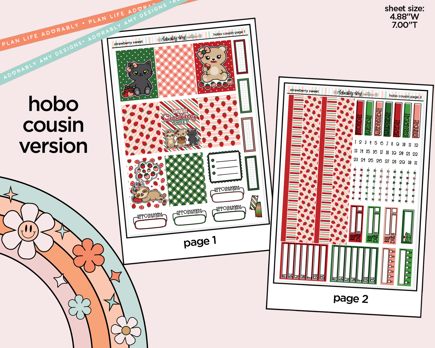 Hobonichi Cousin Weekly Strawberry Sweet Planner Sticker Kit for Hobo Cousin or Similar Planners - Adorably Amy Designs