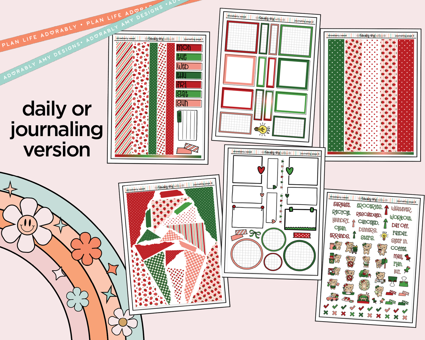 Journaling and Daily Planning Strawberry Sweet Planner Sticker Kit - Adorably Amy Designs
