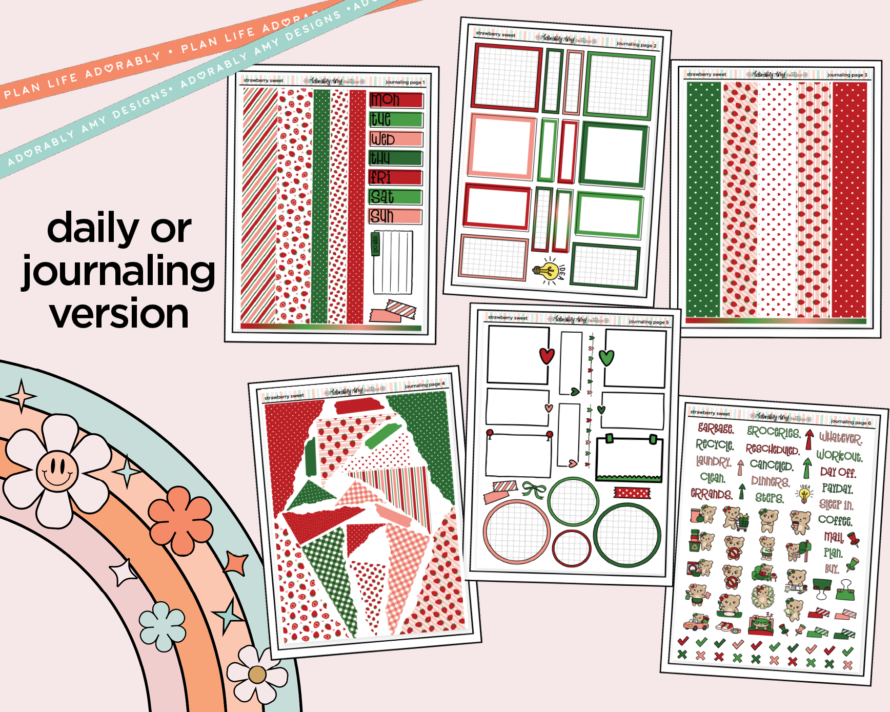 Journaling and Daily Planning Strawberry Sweet Planner Sticker Kit - Adorably Amy Designs