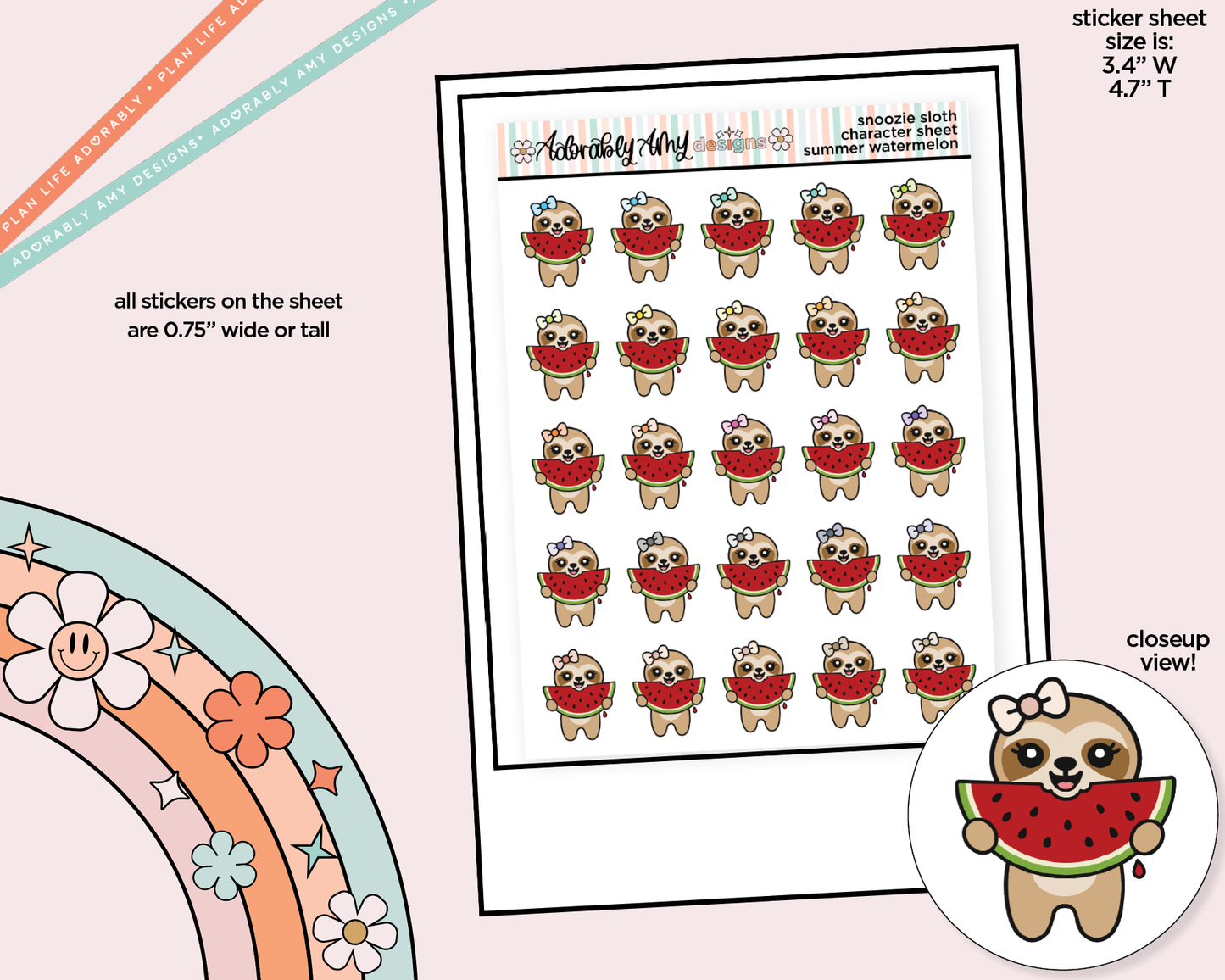 Snoozie Sloth Summer Watermelon Decoration Character Planner Stickers