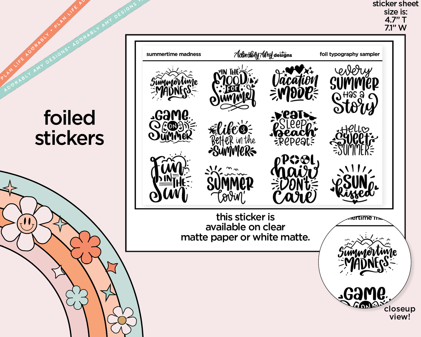 Foiled Summertime Madness Deco Typography Sampler Planner Stickers