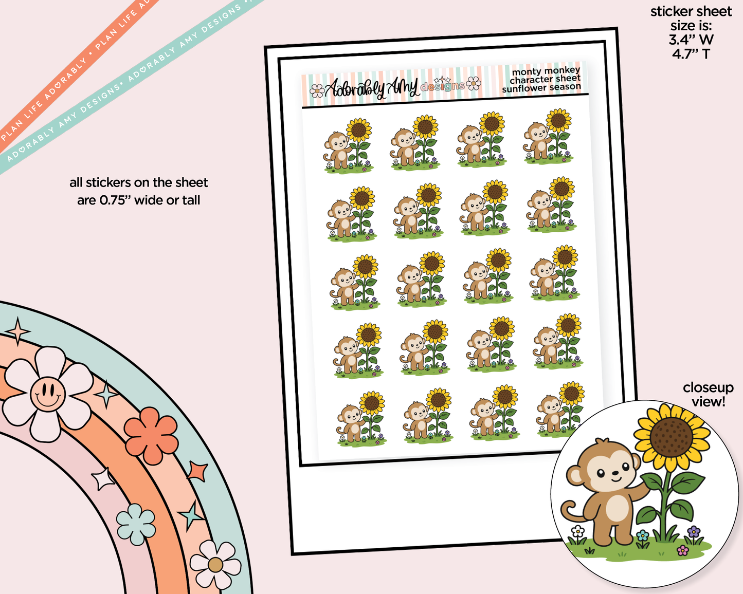 Monty the Monkey Sunflower Season Decoration Character Planner Stickers