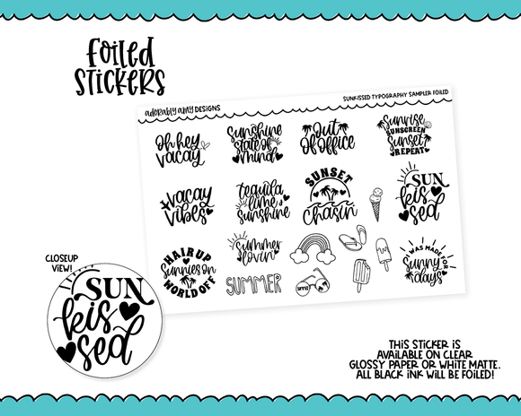 Foiled Sunkissed Doodled Typography Sampler Planner Stickers for any Planner or Insert