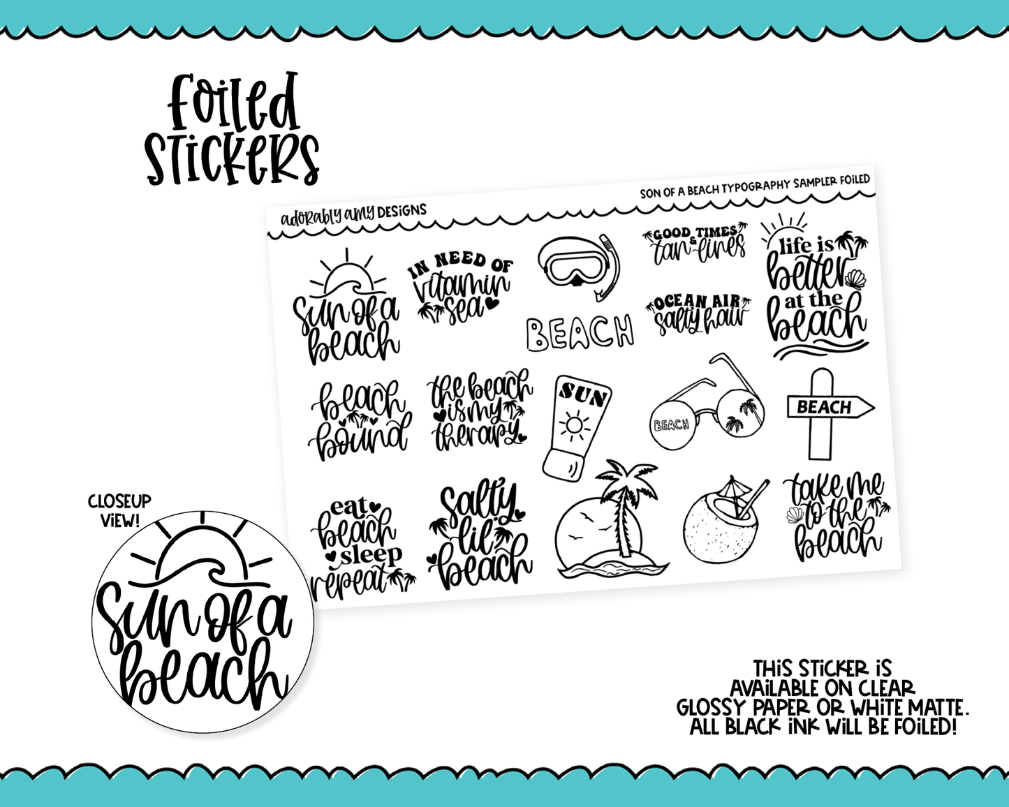 Foiled Sun of a Beach Doodled Typography Sampler Planner Stickers for any Planner or Insert