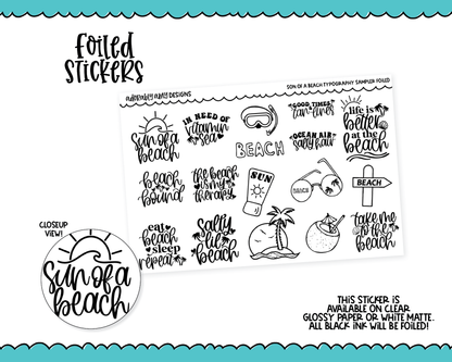 Foiled Sun of a Beach Doodled Typography Sampler Planner Stickers for any Planner or Insert