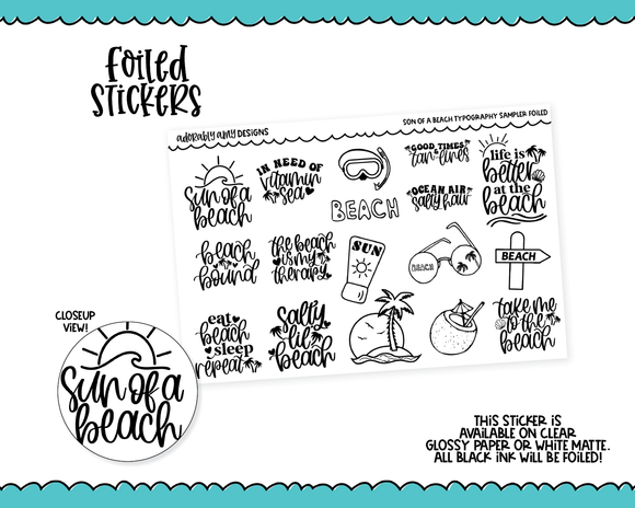 Foiled Sun of a Beach Doodled Typography Sampler Planner Stickers for any Planner or Insert