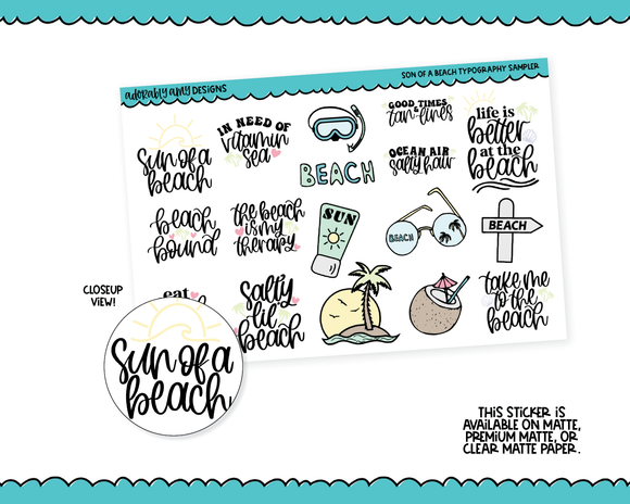 Sun of a Beach Doodled Typography Sampler Planner Stickers for any Planner or Insert