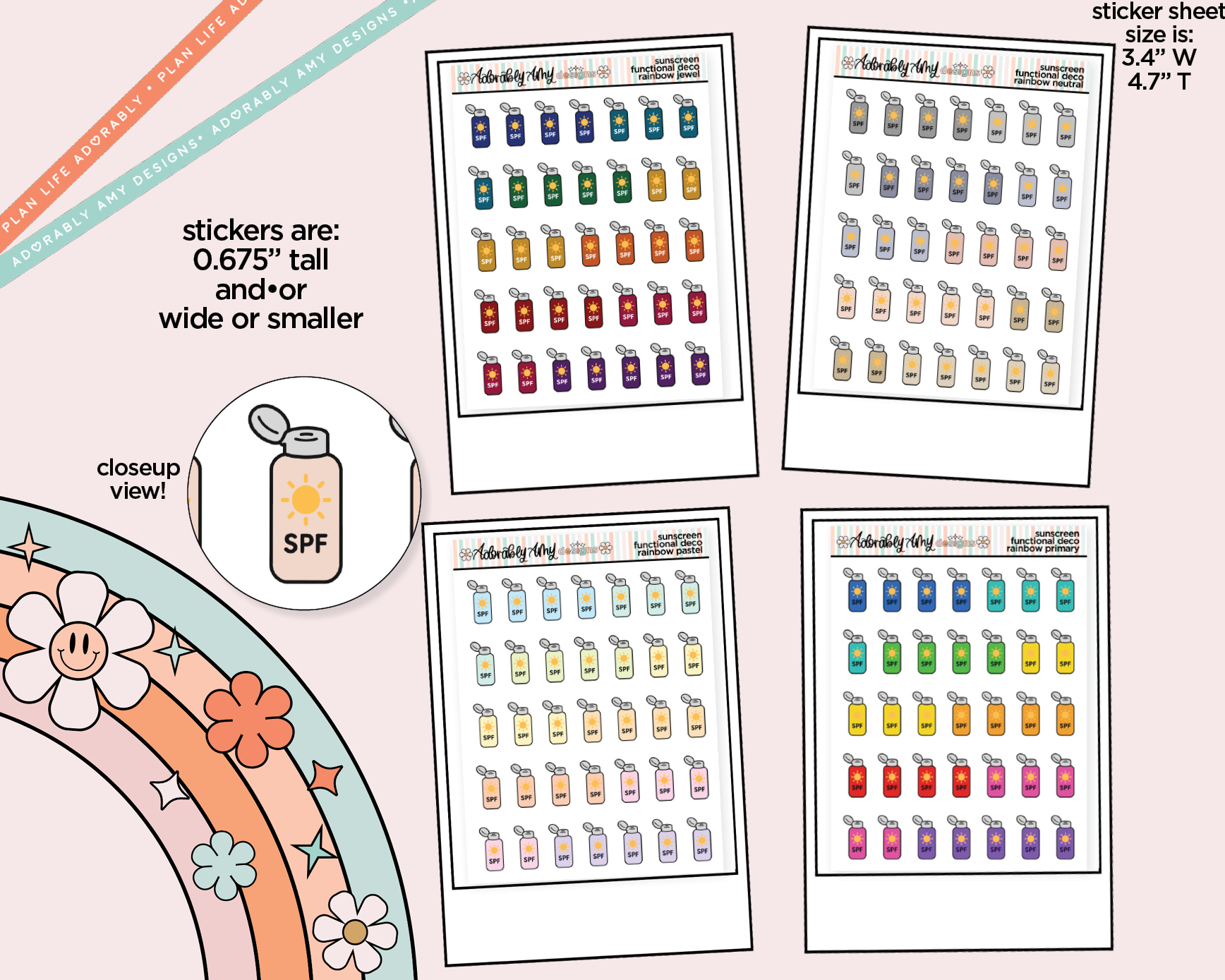 Rainbow Sunscreen - Wear Sunscreen Doodled Icon Stickers - Adorably Amy Designs